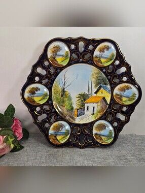 Alcobaca? Portugal Art Pottery Decorative Cobalt Plate Gold Rim Handpainted 15"